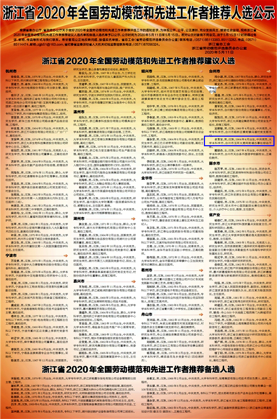 浙江推荐一批2020年全国劳动模范和先进工作者 玉环的