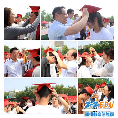8.老师和家长为同学们佩戴成人帽