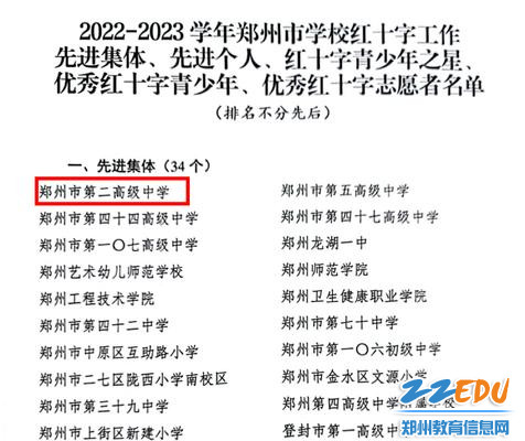 郑州市第二高级中学被评为“郑州市学校红十字工作先进集体”